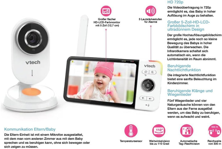 VTech - BM818 – Video-Babyphone Wide View HD – Display 5 Zoll (12,7 cm) Ultra Flach HD – Nachtlicht
