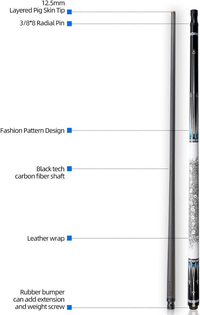KONLLEN CUE-X Kohlefaser Pool Queue Leder Schwarz Technologie Low Deflection Billard HQ-06BF, 12,5 m