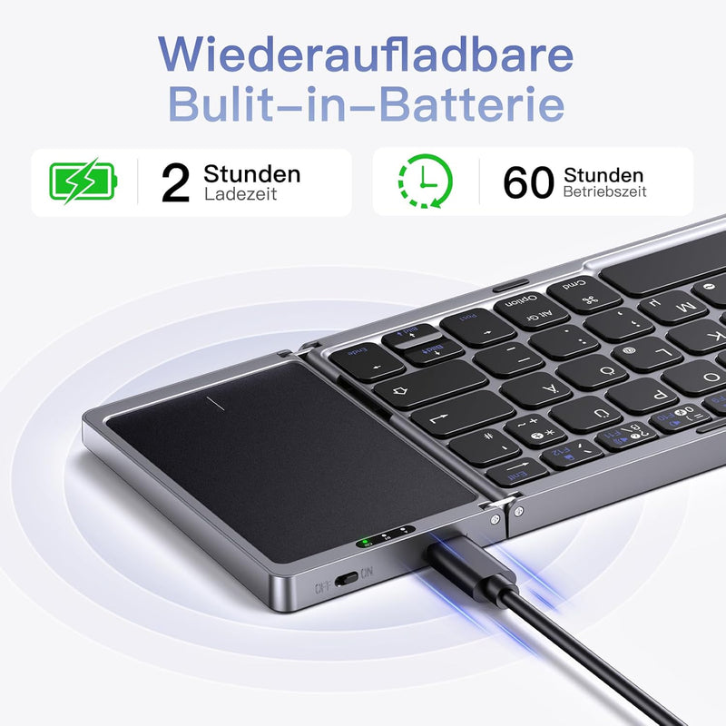 OMOTON Faltbare Bluetooth-Tastatur mit Touchpad, Kabellose Klapptastatur, Multi-Device und Wiederauf