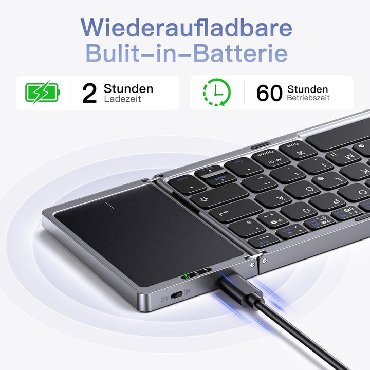 OMOTON Bluetooth-Faltbare-Tastatur, Kabellose Wiederaufladbare Klapptastatur mit Touchpad,3 Bluetoot