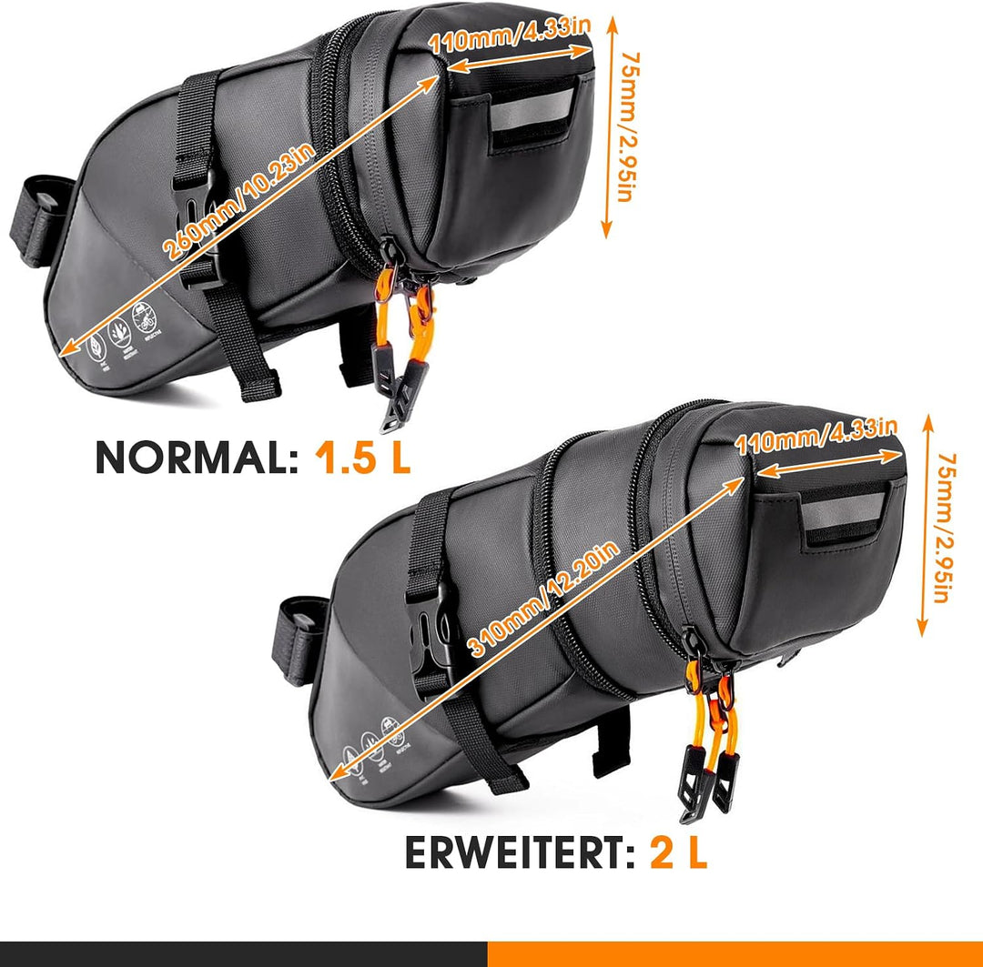 Satteltaschen für Fahrrad Wasserdicht Fahrrad Satteltasche Rennrad Klein | Saddle Bag 1,5–2 L Erweit