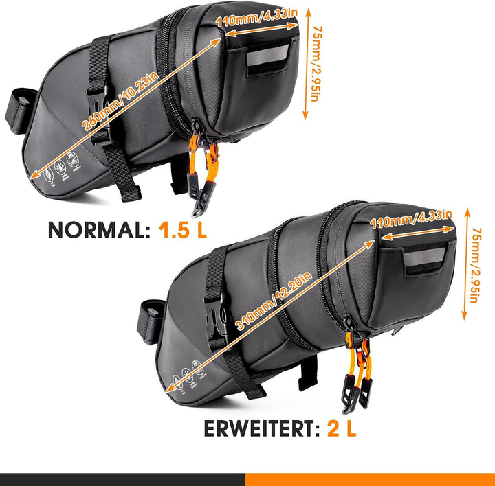 Satteltaschen für Fahrrad Wasserdicht Fahrrad Satteltasche Rennrad Klein | Saddle Bag 1,5–2 L Erweit