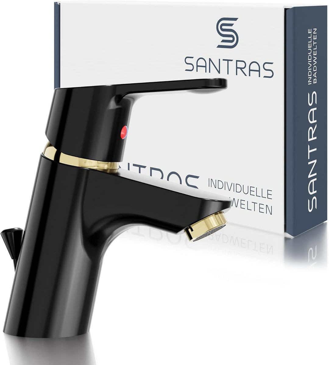 SANTRAS® Waschtischarmatur für das Bad mit Zugstange in Schwarz/Gold – Einhebel-Mischarmatur warm ka