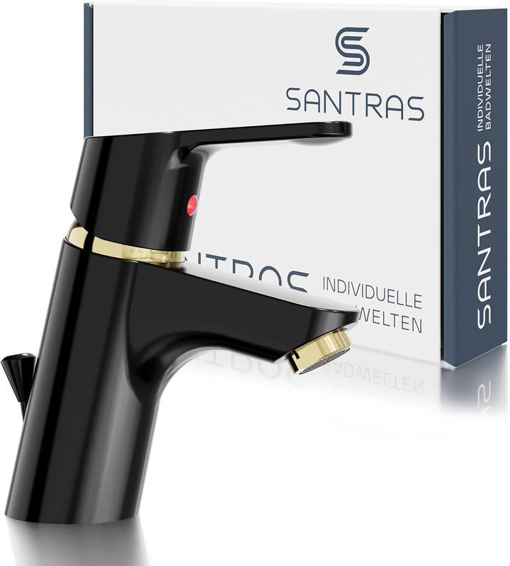 SANTRAS® Waschtischarmatur für das Bad mit Zugstange in Schwarz/Gold – Einhebel-Mischarmatur warm ka