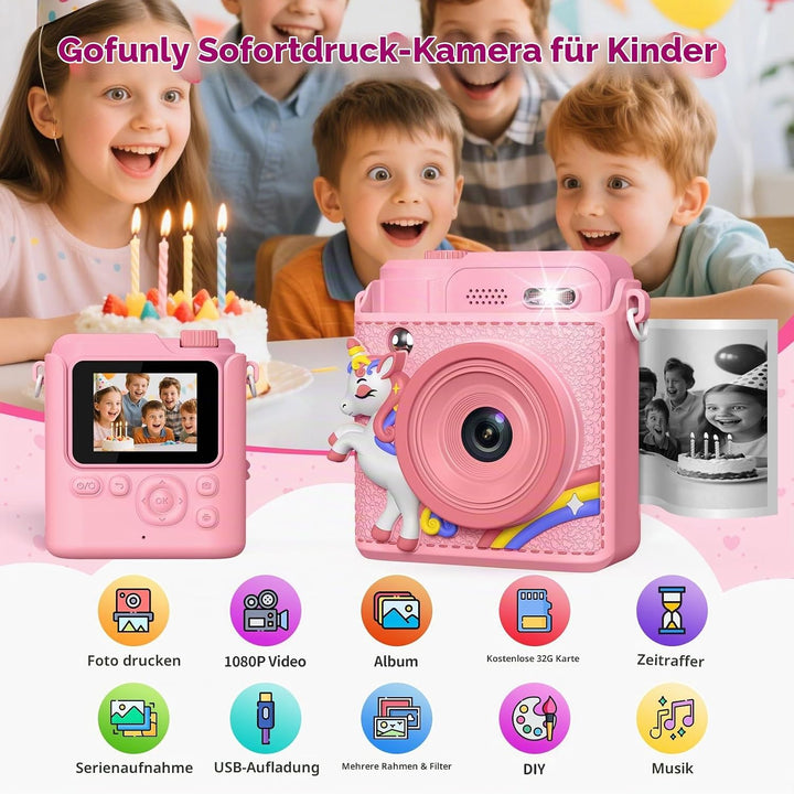 Gofunly Sofortbildkamera Kinder, 1080P HD Kinderkamera Sofortbildkamera mit 32GB Karte &amp; DruckerPapi