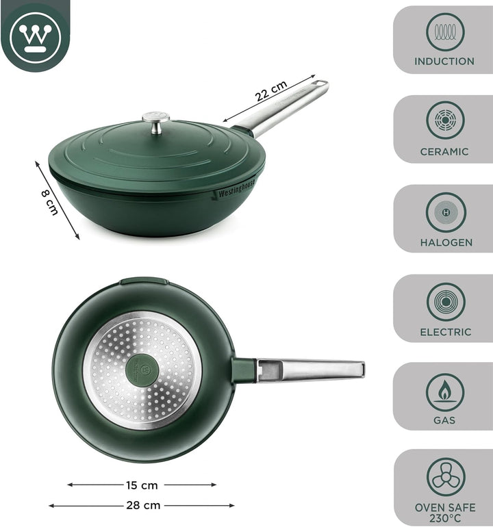 Westinghouse PERFORMANCE SERIES Wok Pfanne mit Deckel, Beschichtete Pfanne 28 cm mit Edelstahl-Griff