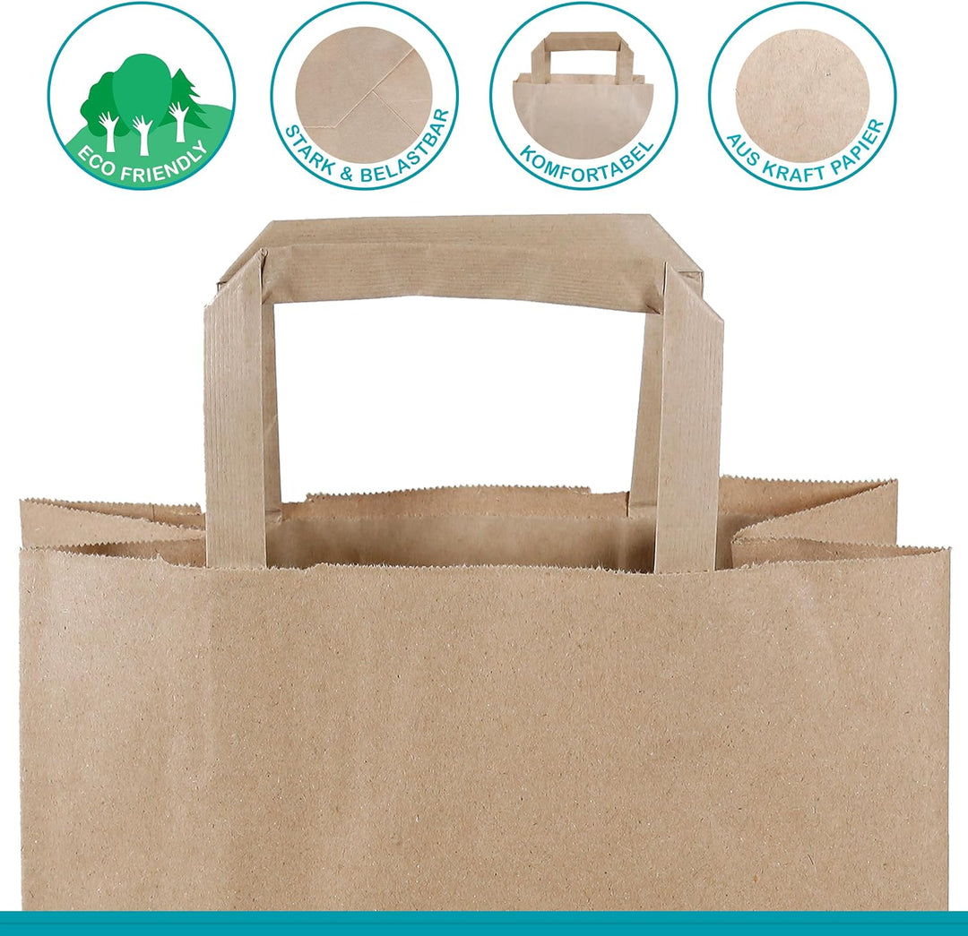 Commerline Papiertüten 250 Stück, Braun, 22+10x28 cm | Kraftpapier Tüten Klein Mit Henkel | Tragetas