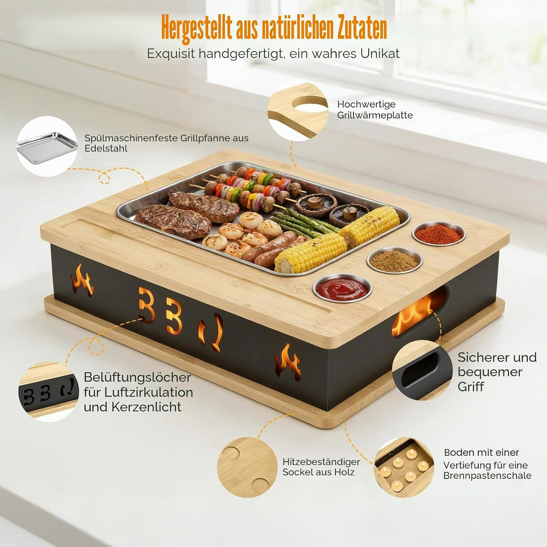 Warmhalteplatte Grillgut, Holz Speisenwärmer mit 304 Edelstahl Grillplatte und Dip-Schale, BBQ Fleis
