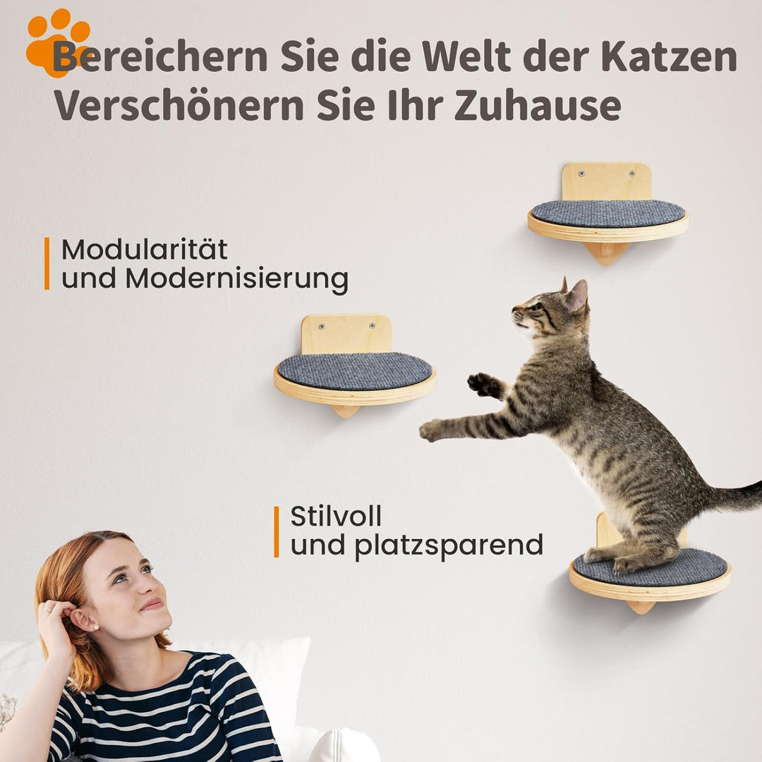 XL Premium Kletterwand Katzen aus Birkenholz | 3er-Set Katzentreppen mit Kratzflächen | Wandmontage