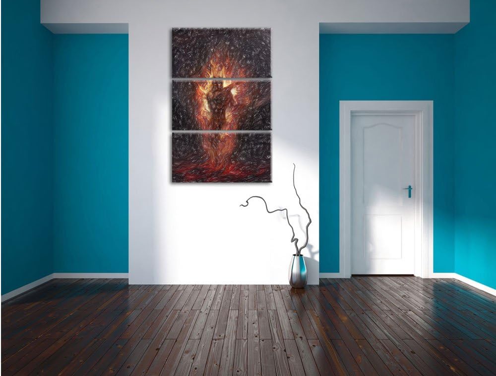 Pixxprint Verdunkelter Dämon des Feuers Kunst Buntstift Effekt 3-Teiler Leinwandbild 120x80 Bild auf