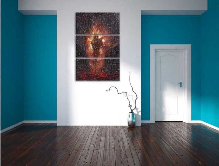 Pixxprint Verdunkelter Dämon des Feuers Kunst Buntstift Effekt 3-Teiler Leinwandbild 120x80 Bild auf