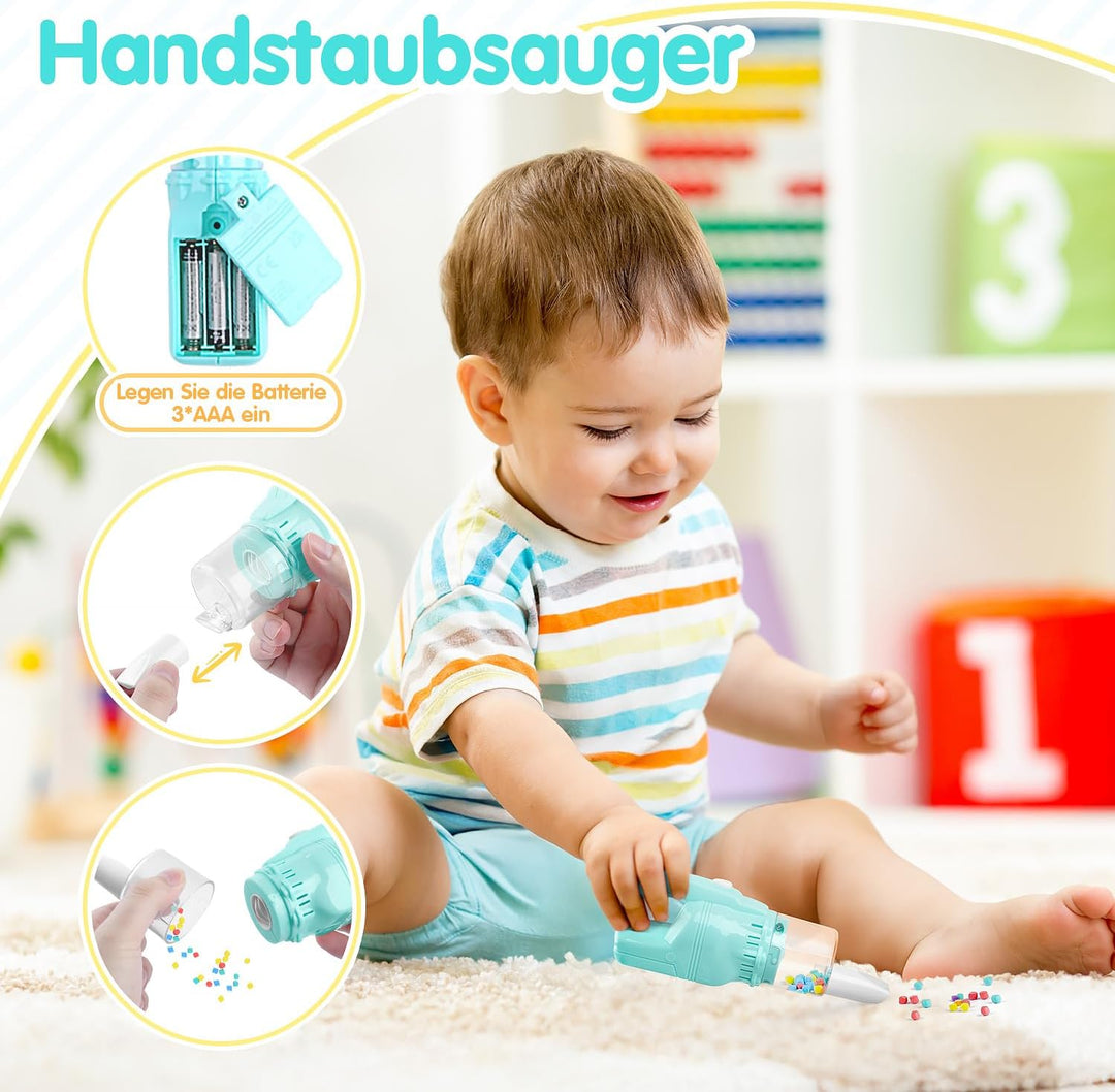 PLAY 2 in 1 Kinder Staubsauger Set, Elektrischer Staubsauger Spielzeug mit Eva-Granulat, Saugen und