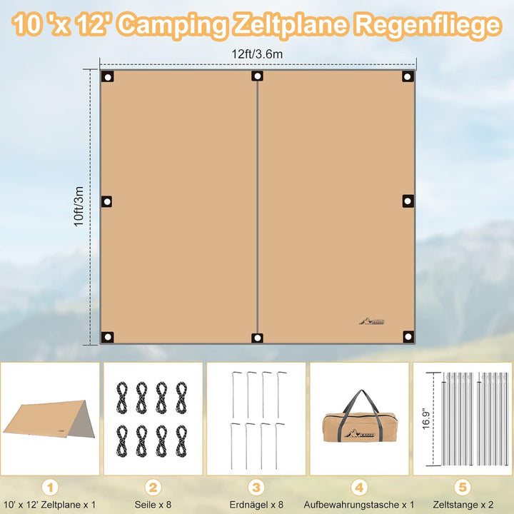 WADEO Camping Zeltplane wasserdicht 4 x 3 m, Plane Regenfliege mit Stangen Heringen Zeltspannleinen,