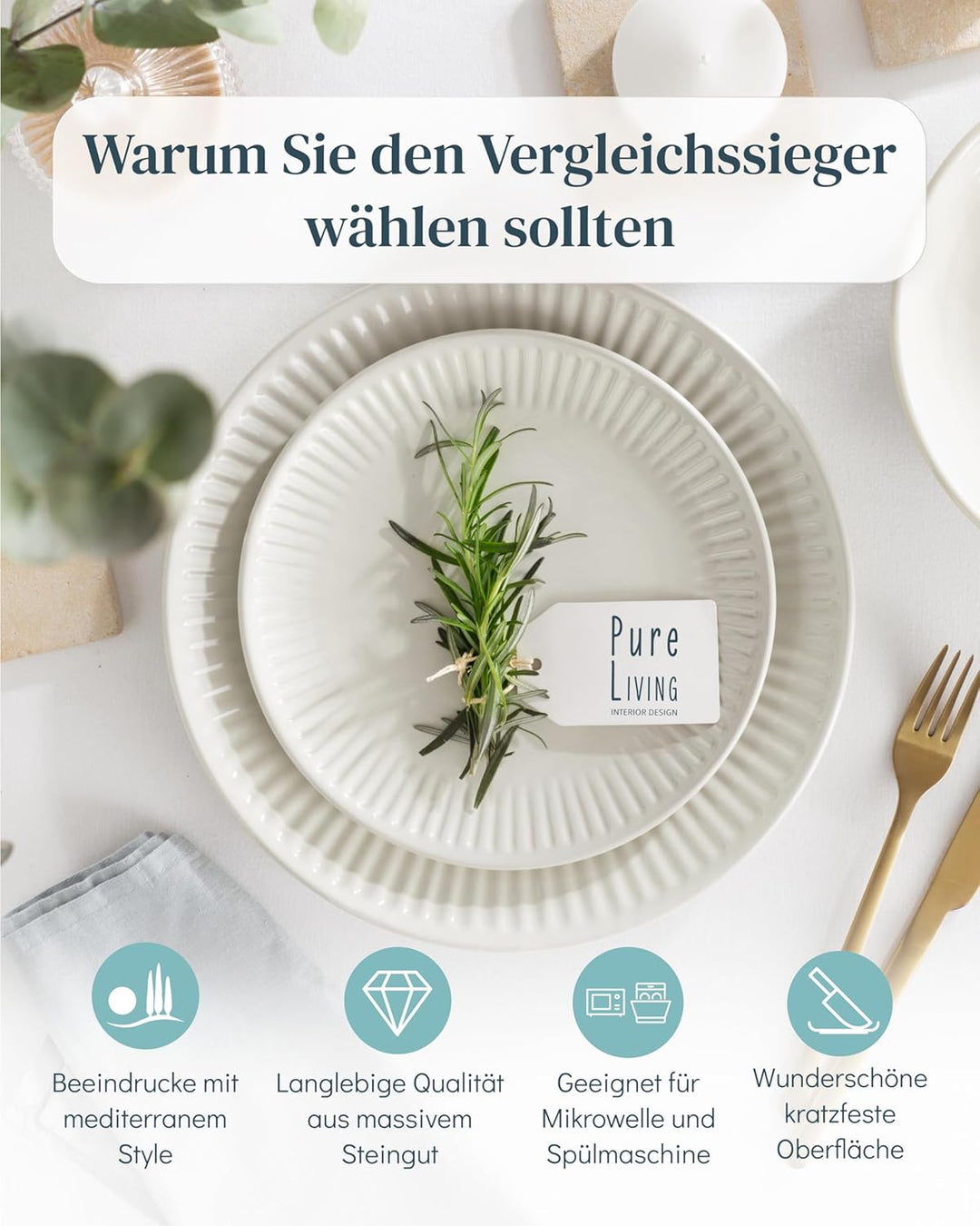 Steingut Teller Gross 6 Personen Hygge TESTSIEGER, Traumhaftes Skandinavisches Steingut Speiseteller