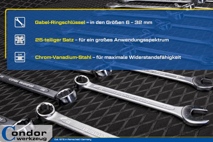 CONDOR Werkzeug 35-25T | Gabel-Ringschlüssel-Satz | 25-tlg. | Chrom-Vanadium-Stahl verchromt | 6-32