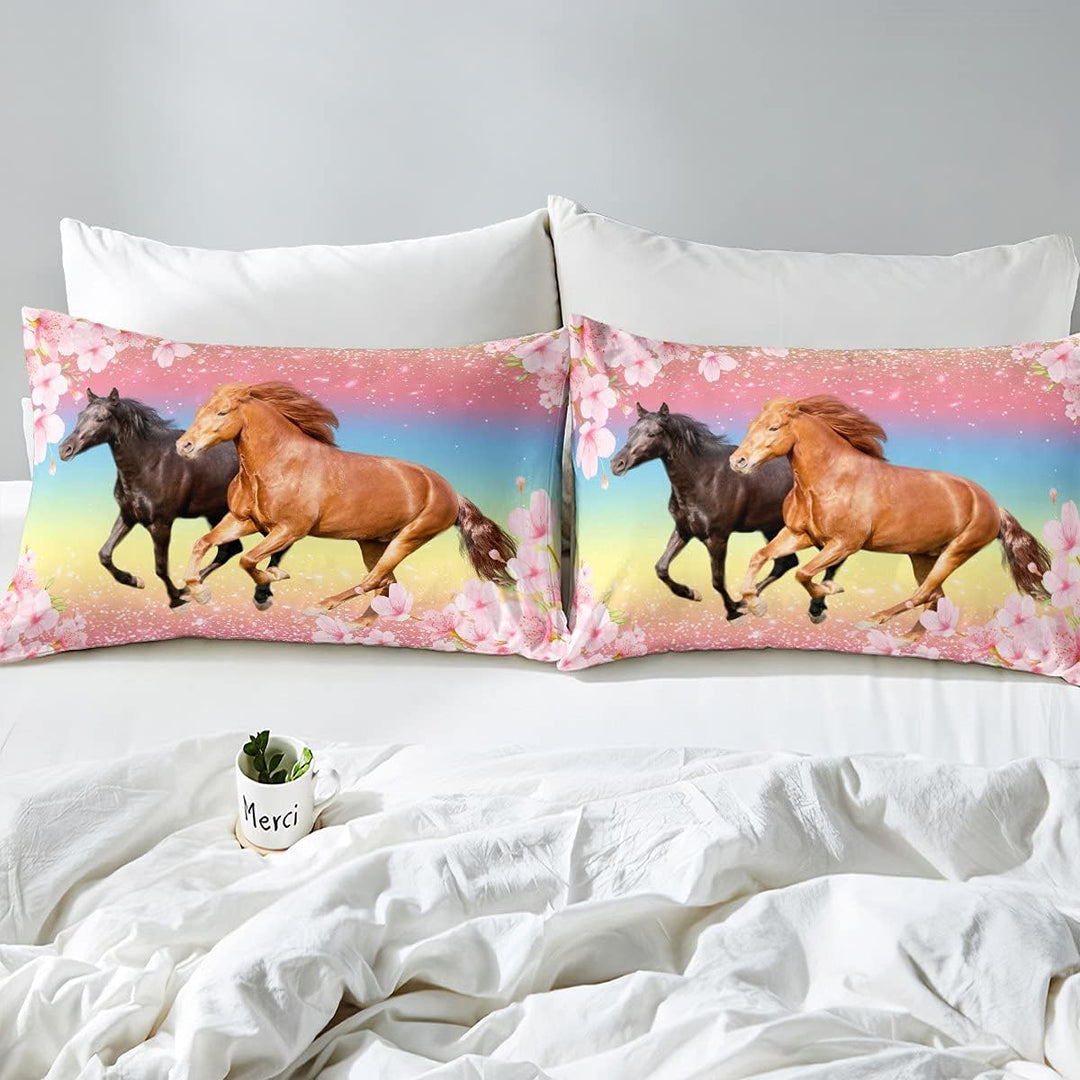 Mädchen Pferd Bettwäsche 200 x 200 cm Pferde Rosa Floral Bettbezug Galloping Farmhorse Bllossom Flow