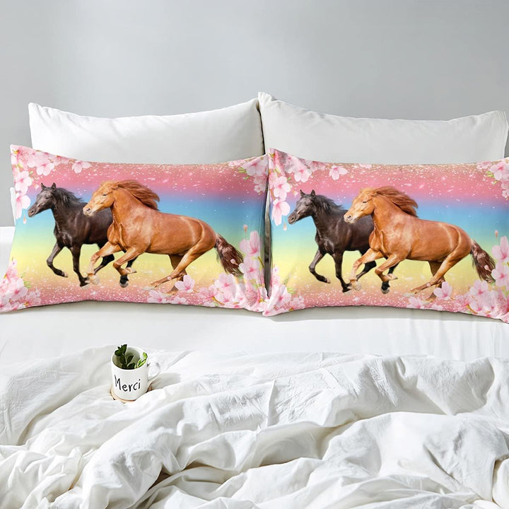 Mädchen Pferd Bettwäsche 200 x 200 cm Pferde Rosa Floral Bettbezug Galloping Farmhorse Bllossom Flow