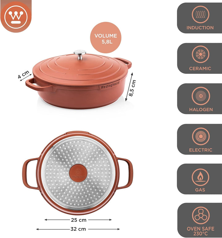 Westinghouse PERFORMANCE SERIES Schmorpfanne mit Deckel, Grosse Bratpfanne 32 cm für Induktion & all