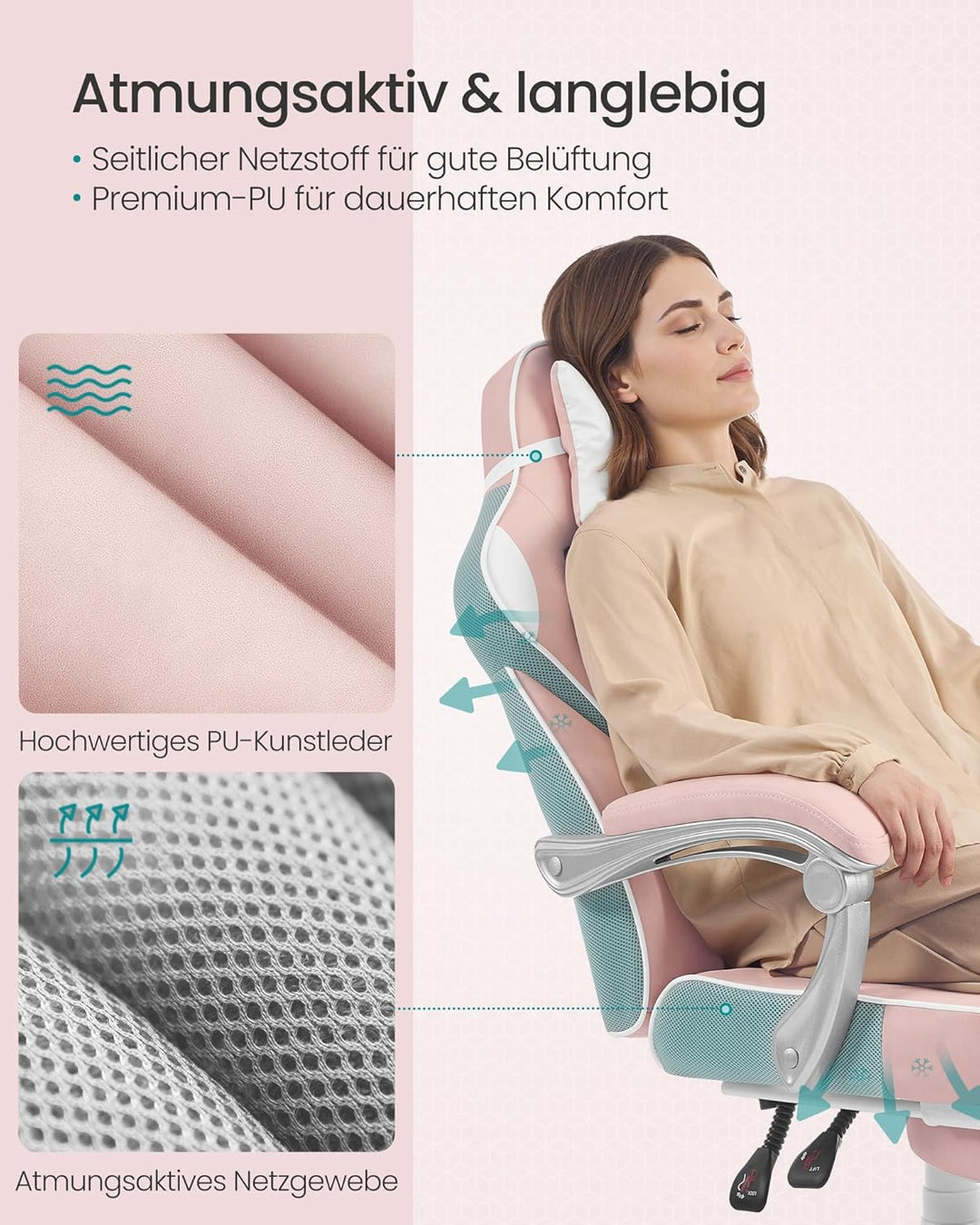 SONGMICS Bürostuhl, Schreibtischstuhl, ausziehbare Fussstütze, Kopfkissen, Lendenkissen, höhenverste