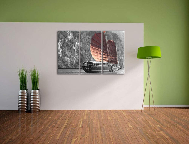 Pixxprint Segelschiff an Klippe 3Teiler 120x80 cm Leinwandbild Wandbild Kunstdruck