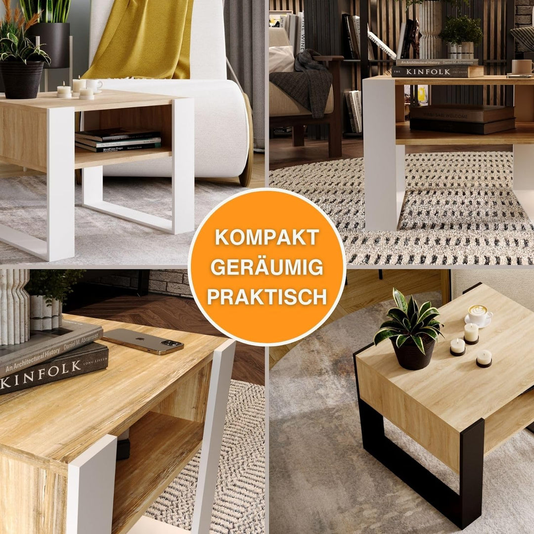 CraftPAK Wohnzimmer Tisch für Couch aus hochwertigem Holz, Stabiler & moderner Couchtisch mit zusätz