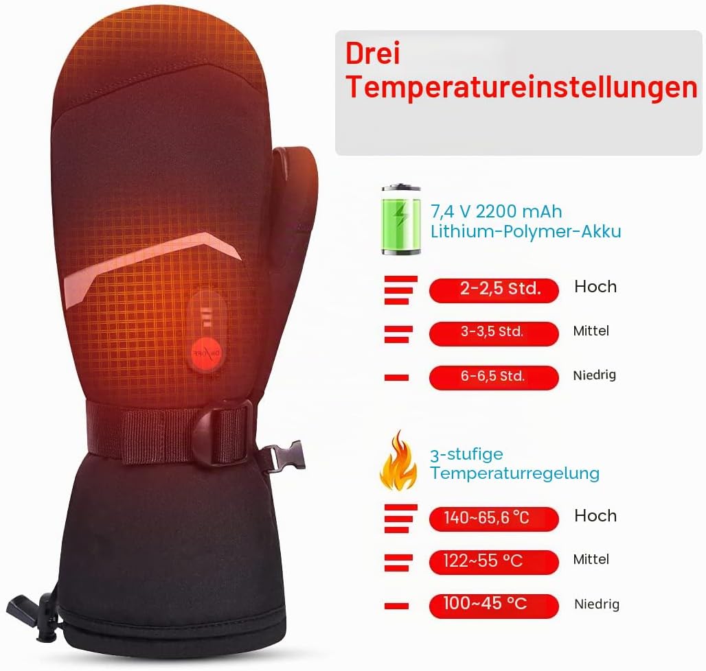 Beheizbare Ski-Fäustlinge – 7,4 V 2200 mAh Akku, 3 Heizstufen (40/50/60 °C), volle Finger-Heizfläche