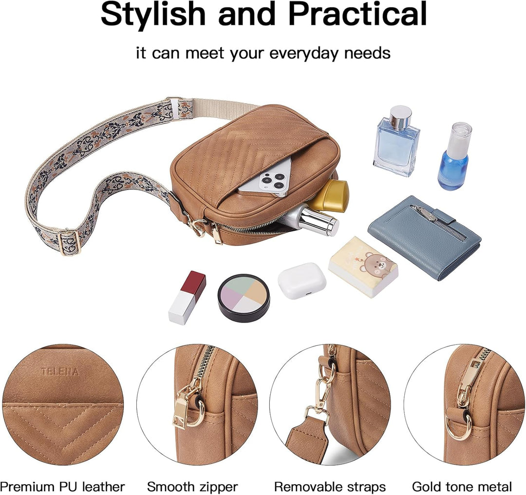 Telena Damen Handy Umhängetasche, Crossbody Bag mit verstellbarem Breiter Gurt, PU Leder Gesteppte U