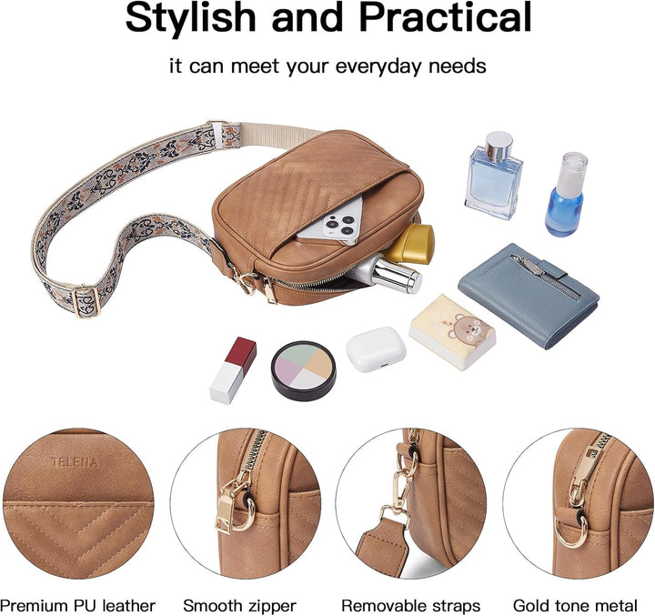 Telena Damen Handy Umhängetasche, Crossbody Bag mit verstellbarem Breiter Gurt, PU Leder Gesteppte U