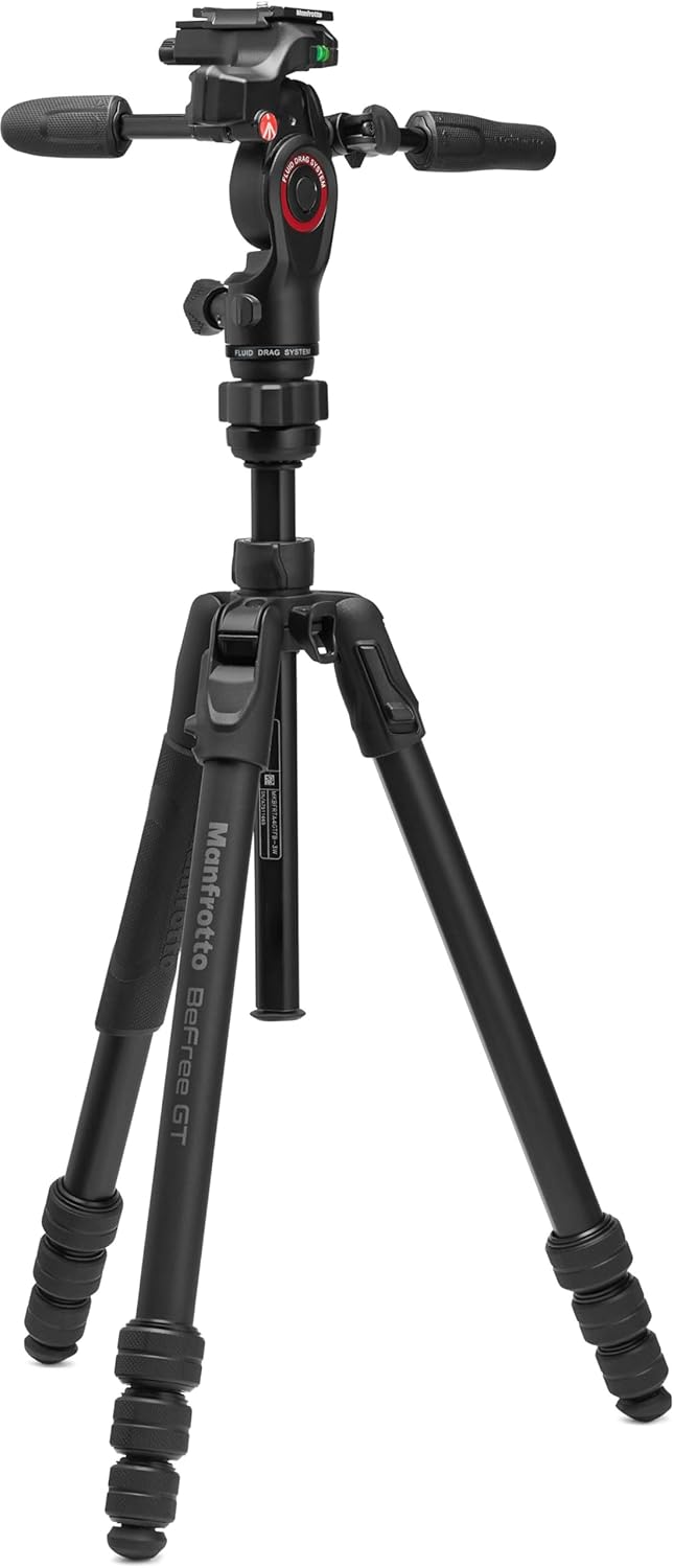 Manfrotto Befree GT PRO 3-Way, Professional Travel Tripod Kit, 3-Way Fluid Head, Levelling Column, P