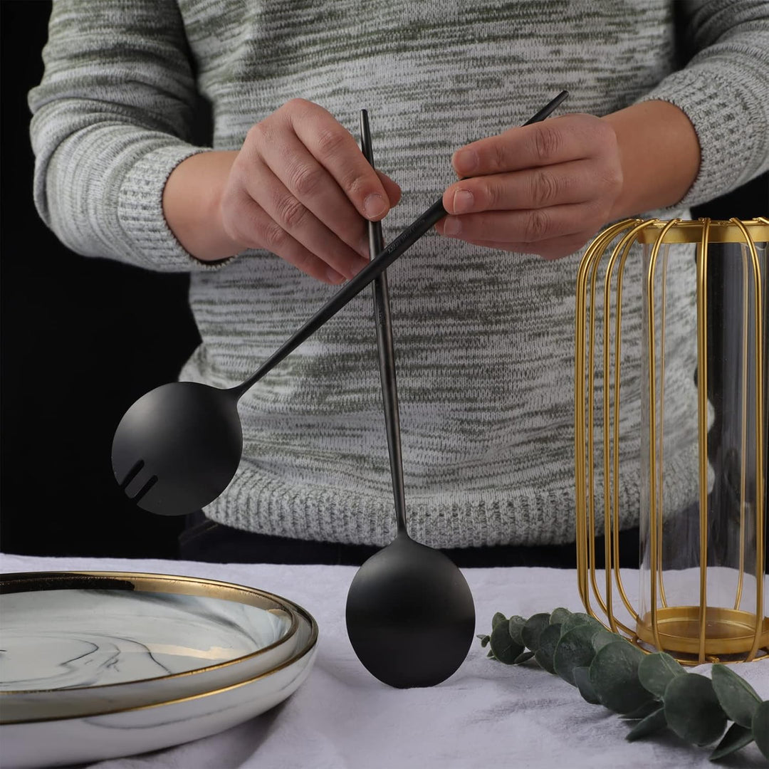 Salatbesteck, Löffel und Gabel, 29 cm, 18/10 Edelstahl, Titanbeschichtung, Schwarz, Schwarz
