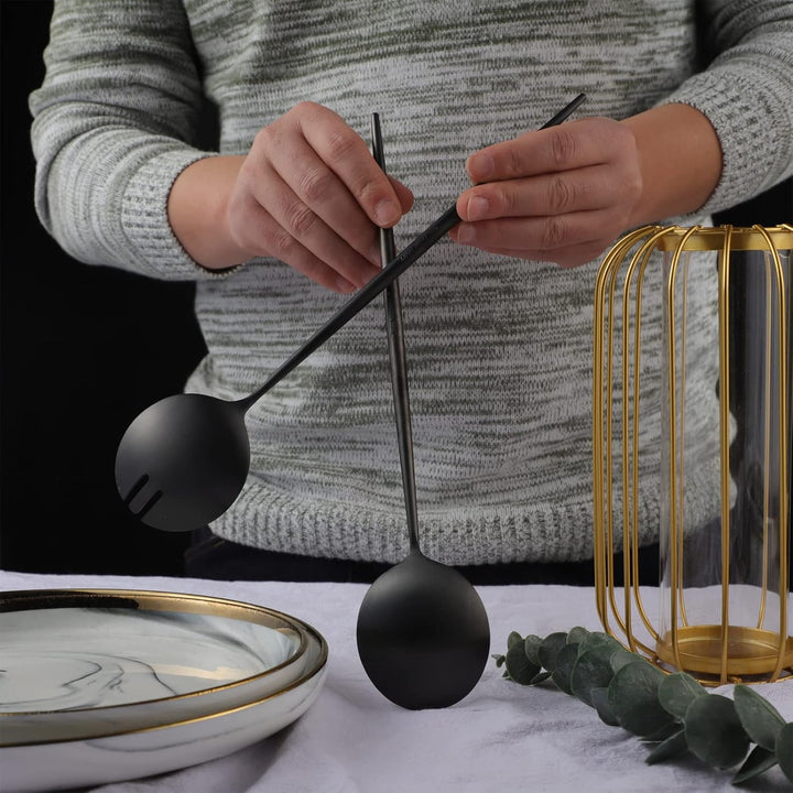 Salatbesteck, Löffel und Gabel, 29 cm, 18/10 Edelstahl, Titanbeschichtung, Schwarz, Schwarz