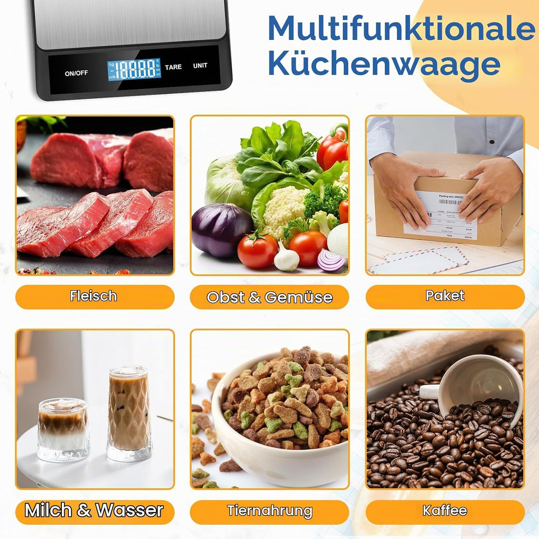 Zivacate 15kg Digitale Küchenwaage, 1g Präzision, Küchenwaage mit LCD Display, Grosse Edelstahl Wieg
