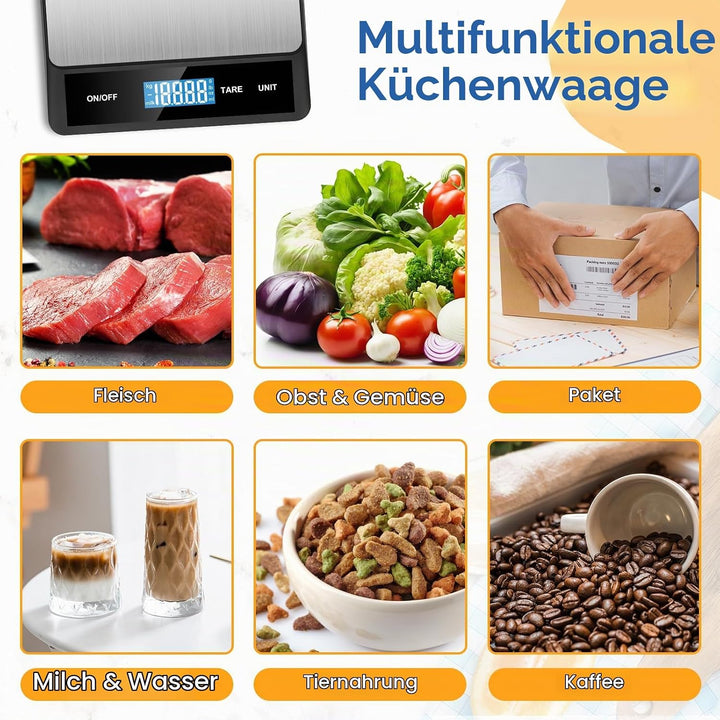 Zivacate 15kg Digitale Küchenwaage, 1g Präzision, Küchenwaage mit LCD Display, Grosse Edelstahl Wieg