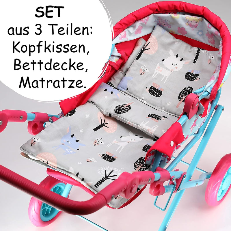 PinkZebra 3er Set Puppenbettwäsche für Puppenbett, Puppenbettzeug 3-teilig, Decke + Kissen + Matratz