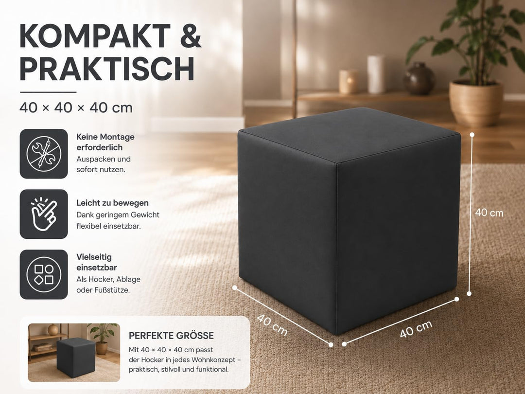 Best for Home Sitzhocker Kunstleder Sitzwürfel Bodenkissen Fusshocker 40x40x40 cm viele Farben (Dunk