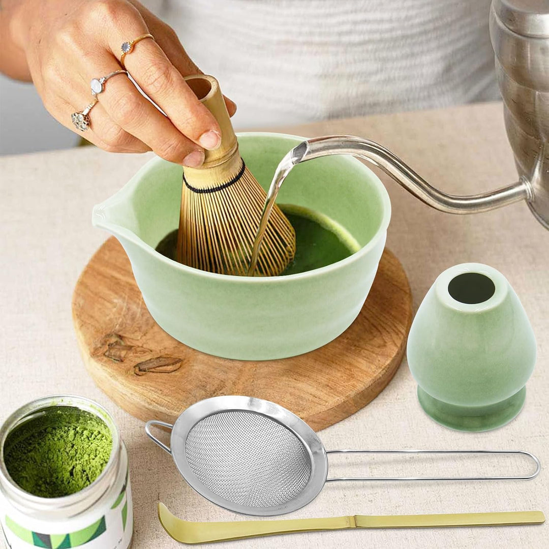 5er Set Keramisches Matcha-Schalen-Set, Matcha-Schale, Matcha-Besen, Spatel,Sieb, Matcha-Besenhalter