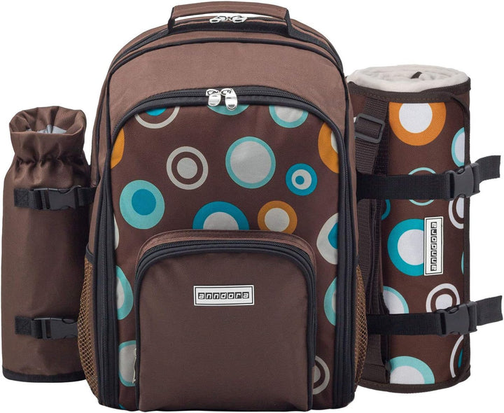 anndora Picknickrucksack 2 Personen 15 TLG. Zubehör + Picknickdecke braun Retro Braun Bunte Kreise -
