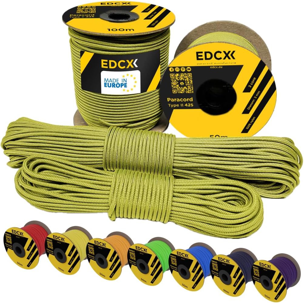 EdcX 3mm Nylon Paracord 425 (15, 30, 50 und 100m) - Typ II, 100% Nylonseil, 3 Litzen Seil, 3mm Nylon