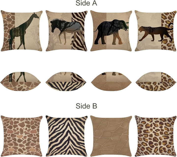Bonhause 4er Set Kissenbezüge Tiere Leopard 45 x 45 cm Doppelseitig Giraffe Elefant Afrikanische Pol