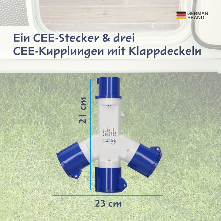 cartrend Explorer CEE Mehrfachverteiler mit 1 CEE-Stecker & 3 CEE-Kupplungen mit Klappdeckeln, geeig