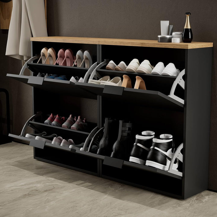 Planetmöbel 2 x Schuhschrank schmal mit 2 Klappen platzsparender Schuhregal mit 4 Ablagen, Schuhkomm