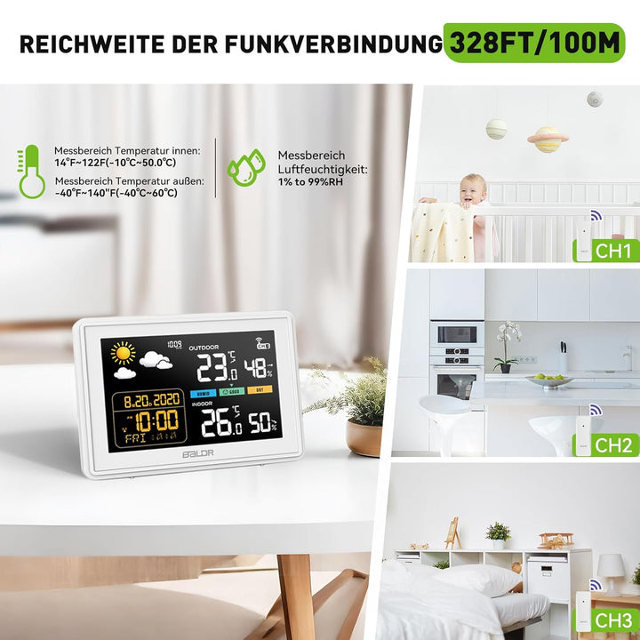Konsen Wetterstation funk mit Aussensensor DCF Funkuhr, Farbdisplay mit grossen Zahlen von Innen und