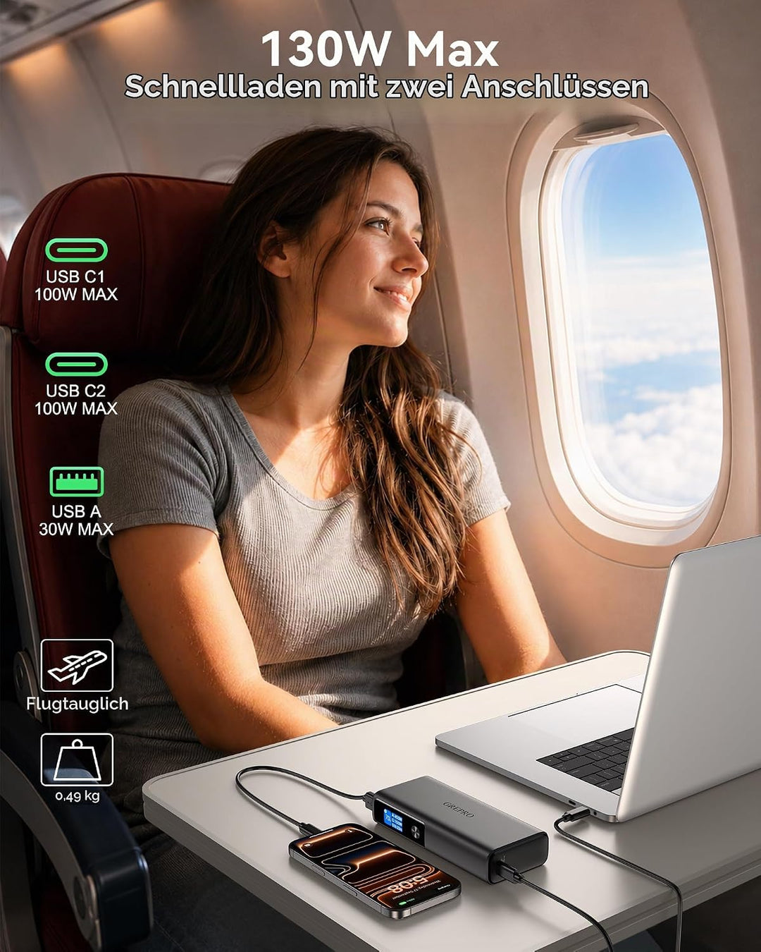 GREPRO Laptop Power Bank 100W, 130W Max 20000mAh Aluminiumlegierung und TFT Display mit 2 USB-C und