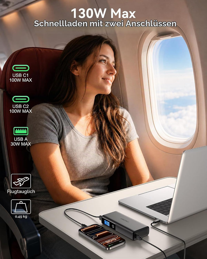 GREPRO Laptop Power Bank 100W, 130W Max 20000mAh Aluminiumlegierung und TFT Display mit 2 USB-C und