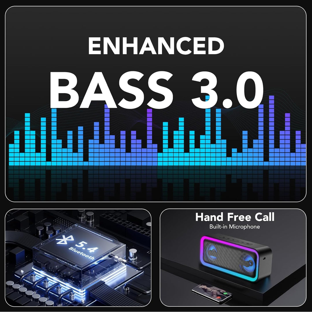 IKT Bluetooth Lautsprecher mit Licht, Musikbox Bluetooth 5.4, 30W Stereo Bass Boost, IPX7 Wasserdich