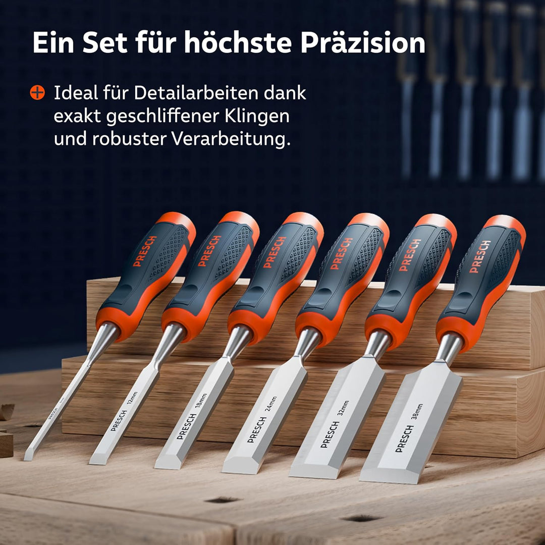 Presch Stechbeitel Set für Holz 6tlg. - Scharfes Stecheisen Set (6, 12, 18, 24, 32, 38mm) - Profi Be