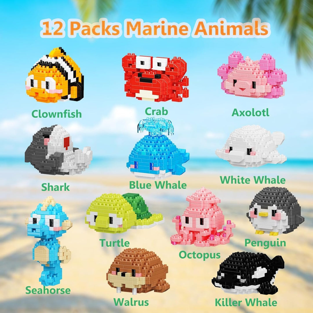 Partygeschenke, 12er-Pack Mini-Bausteine-Set mit Meerestieren, Klassenzimmerpreise, kleine Spielzeug