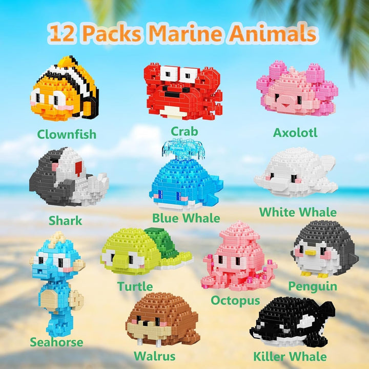 Partygeschenke, 12er-Pack Mini-Bausteine-Set mit Meerestieren, Klassenzimmerpreise, kleine Spielzeug