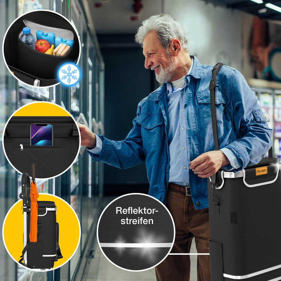 maxVitalis Einkaufstrolley klappbar, Einkaufswagen mit Kühlfach, 3in1 Trolley, Sackkarre & Umhängeta