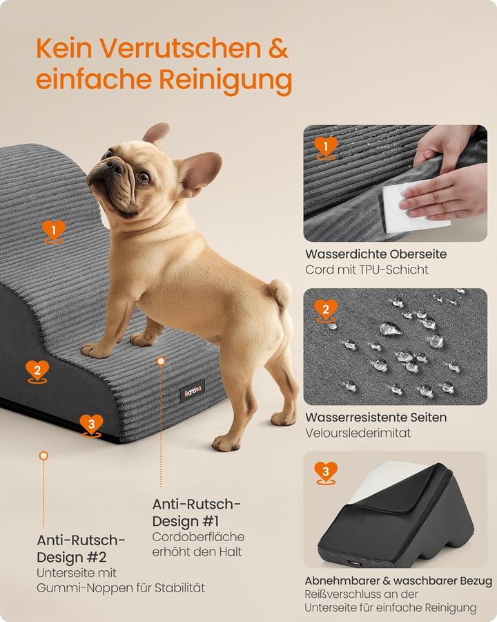 Feandrea Hundetreppe, 3 Stufen, Cord mit Querstreifen, Haustiertreppe, für Bett, Sofa, wasserdicht,
